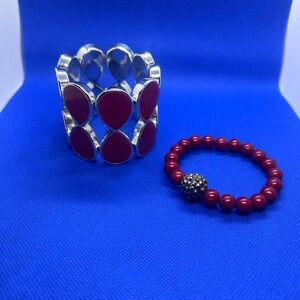 Red Teardrop Cuff Bracelet and Red Beaded Stretch Bracelet Set